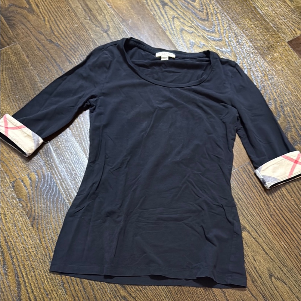 Burberry Black Top with Plaid Cuffs